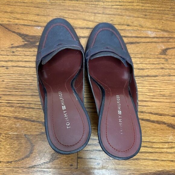 Tommy Hilfiger Navy Leather Loafer Mules Block Heel Preppy Slip On Womens 7.5 - Picture 4 of 9